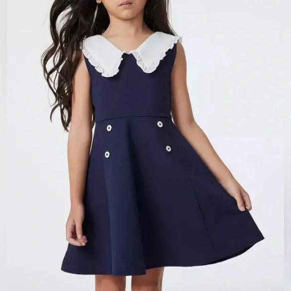 Janie and Jack Girls Navy Blue  and White Ruffle Collar Holiday Dress Sz 18-24 M - Picture 1 of 5